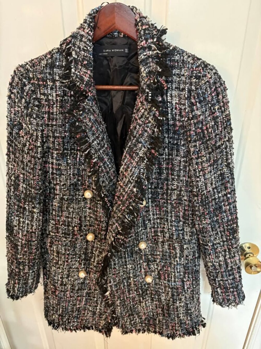 Zara Woman Multicolor Bouclé Tweed Fringe Blazer Jacket with Pearl Buttons